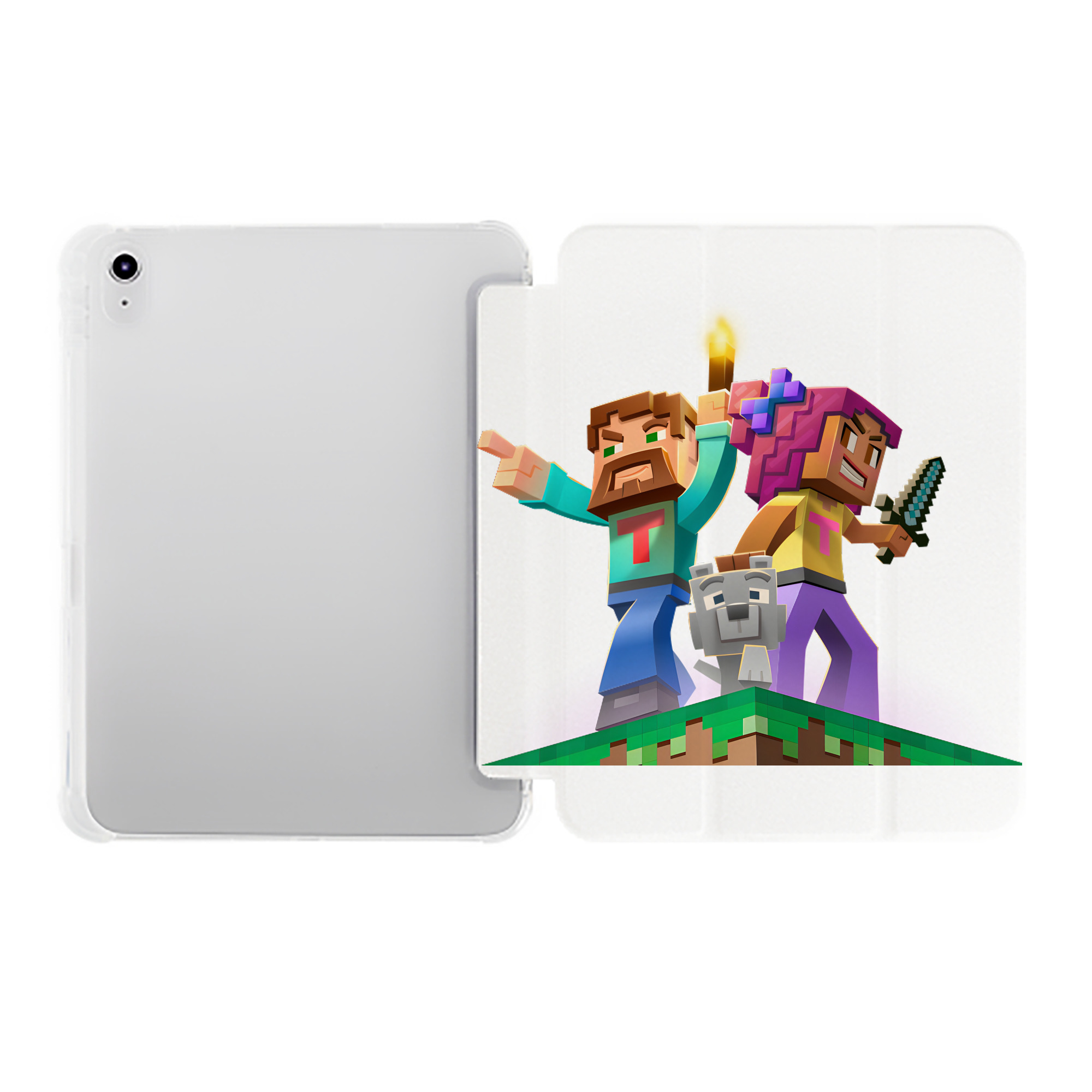（画像用） マインクラフト ブロックの世界 Minecraft MC Block world IPad ケース ペン収納付き 三つ折りスタンド PUレザー×シリコン 対応機種9.5/10.5/10.9インチ
